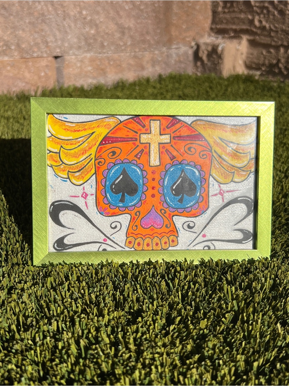 Hand-Painted Day of the Dead Skull Art in Green Frame